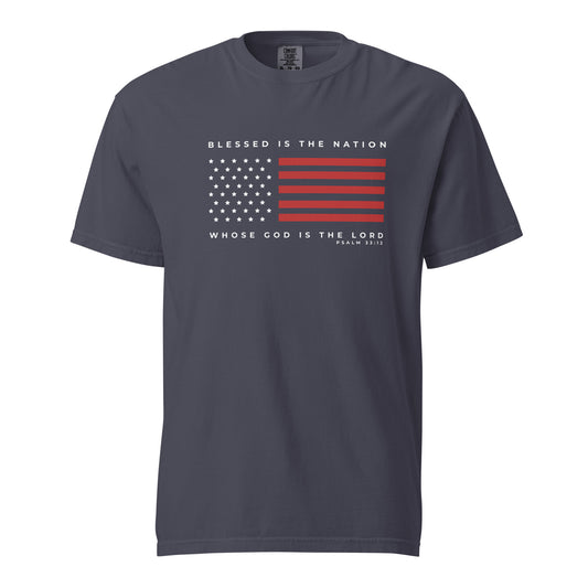 Women's Christian 4th of July t-shirt with Blessed is the Nation Psalm 33:12 Christian Patriotic flag graphic on navy tee.