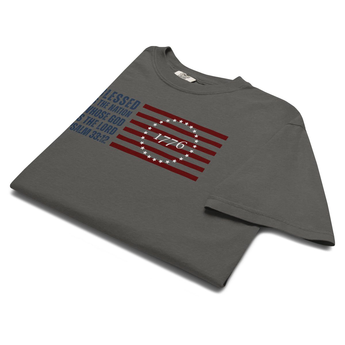 Folded Pepper Grey Psalm 33:12 men's Christian Patriotic American Flag graphic t shirt.