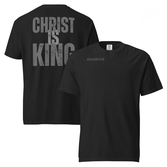 Black Christ Is King men’s Christian t-shirt showing front and back design