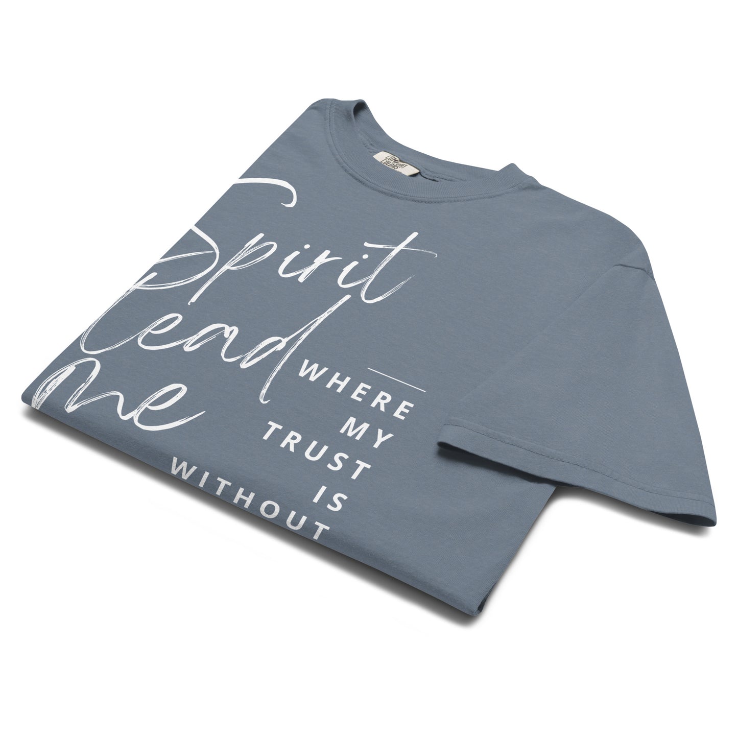 Angled close-up of the Spirit Lead Me Christian T-shirt in the blue jean color.