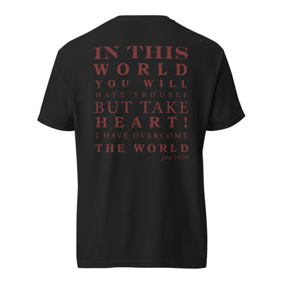 Back of black John 16:33 men’s Christian t-shirt with red “Take Heart” Bible verse design