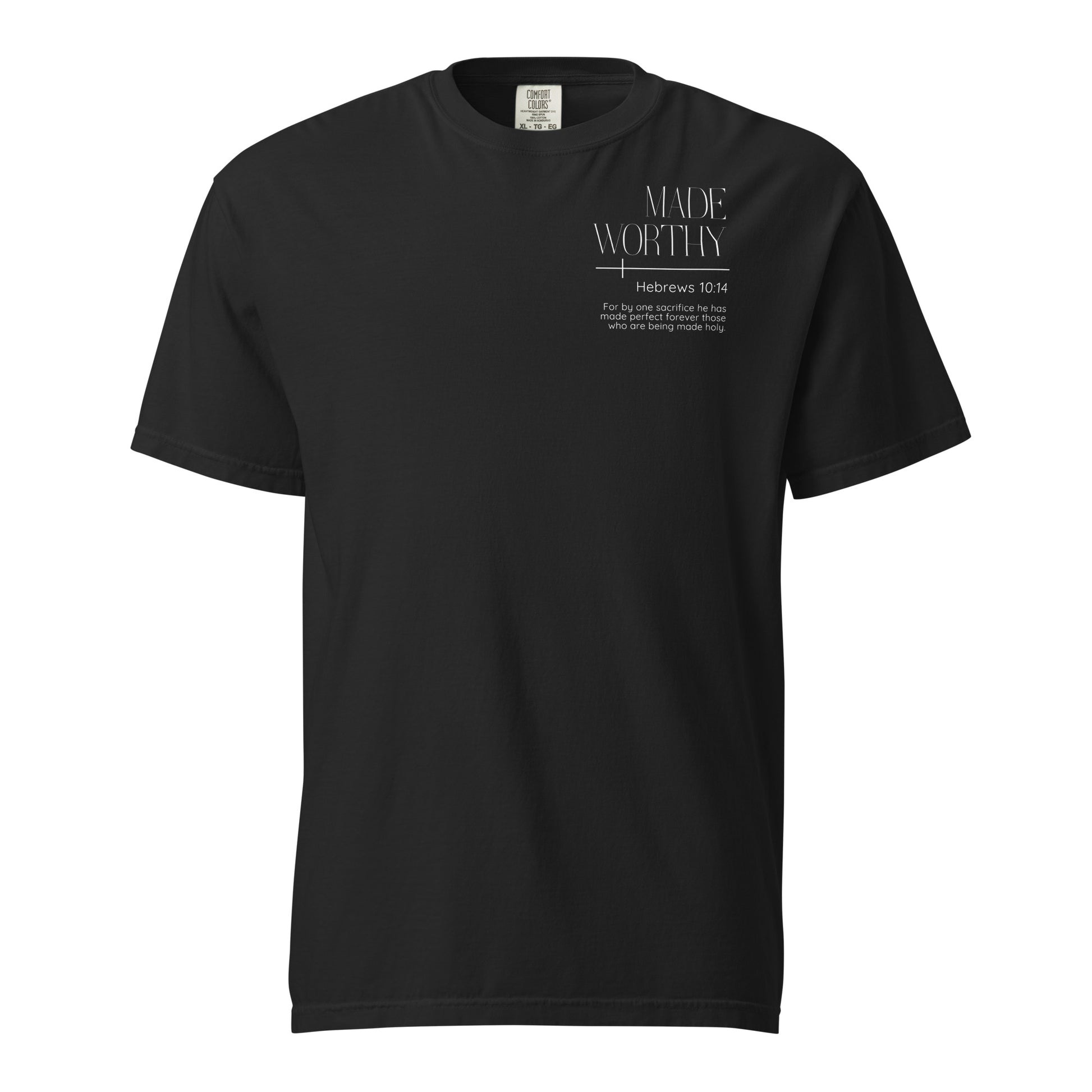 Black Made Worthy Hebrews 10:14 women's Christian t-shirt with a white left chest Scripture design.