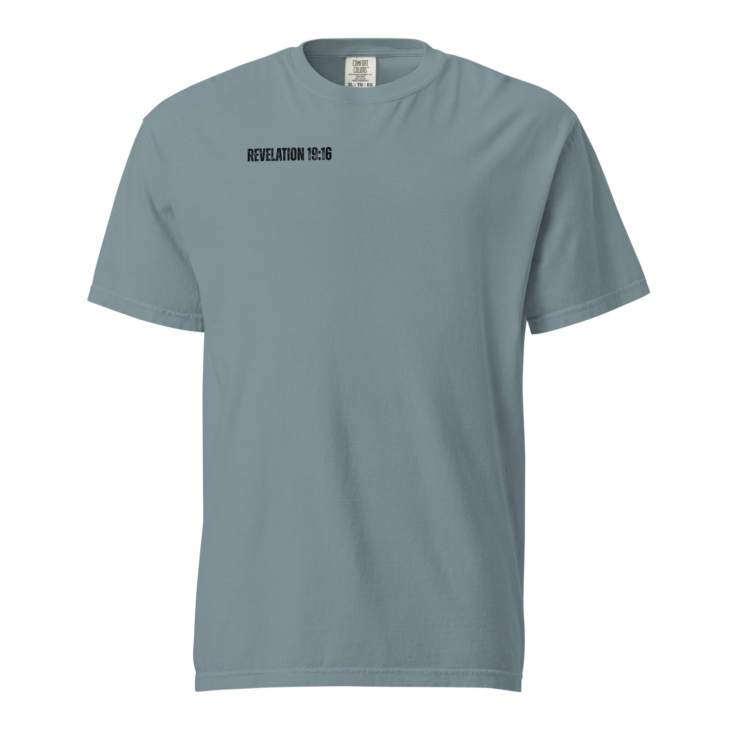Ice blue Christ Is King men’s Christian t-shirt with Revelation 19:16 on the front