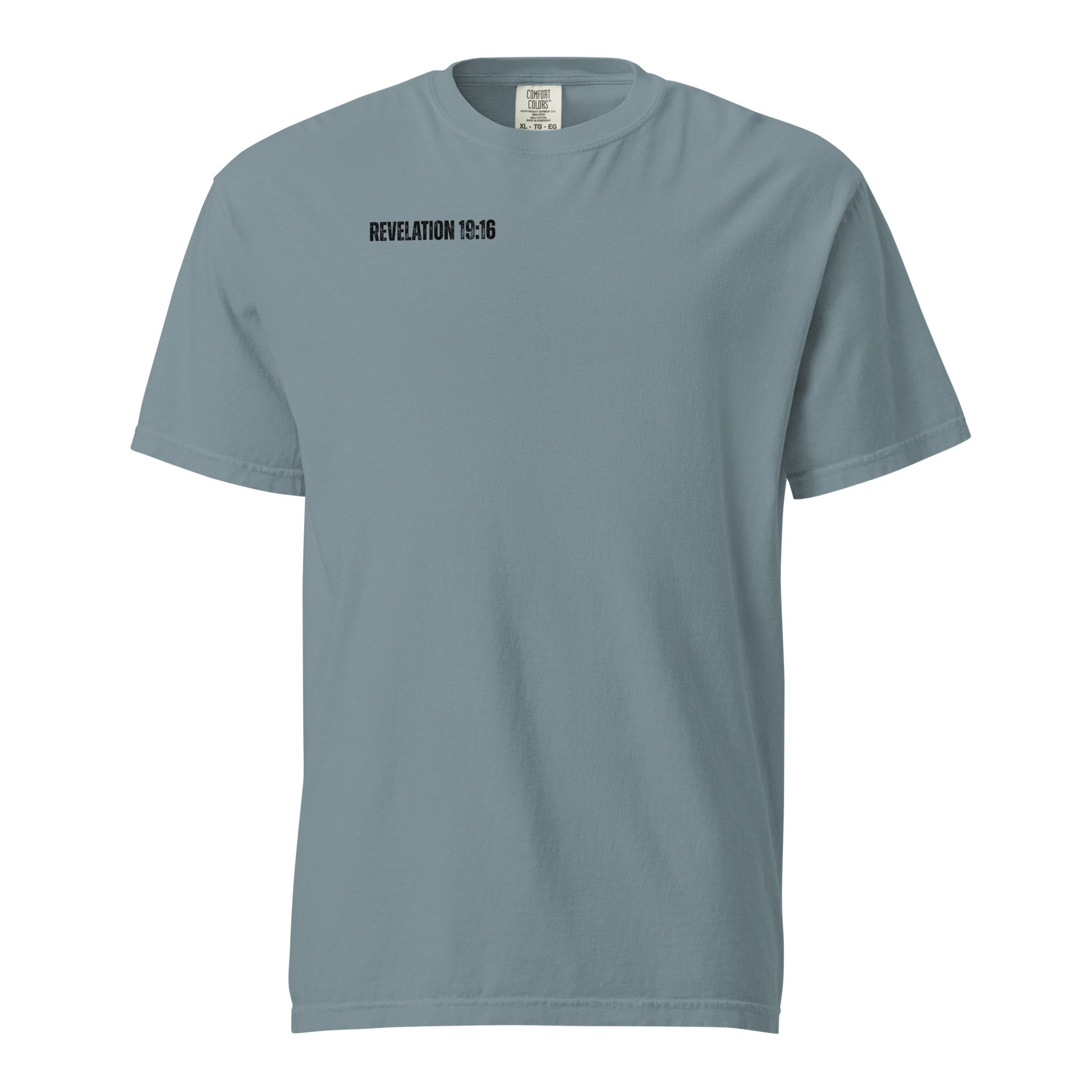 Ice blue Christ Is King men’s Christian t-shirt with Revelation 19:16 on the front