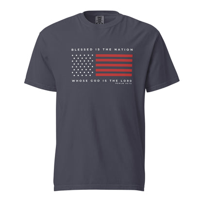 Women's Christian 4th of July t-shirt with Blessed is the Nation Psalm 33:12 Christian Patriotic flag graphic on navy tee.