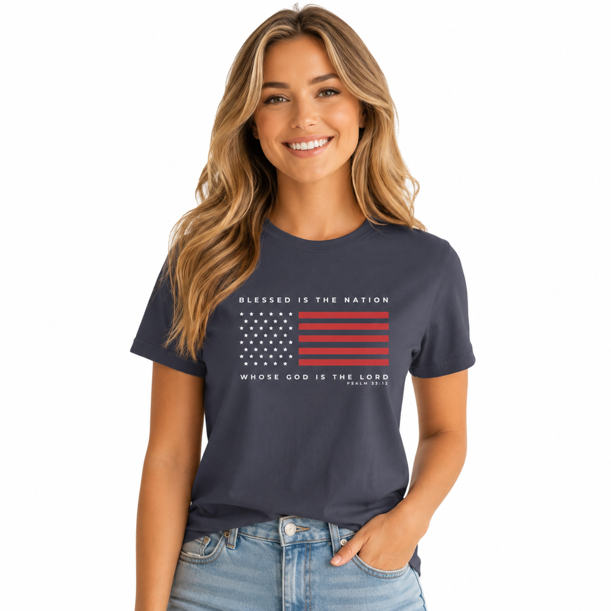 Women's Christian 4th of July T-Shirt | Blessed Is The Nation Psalm 33:12 Patriotic Graphic Tee