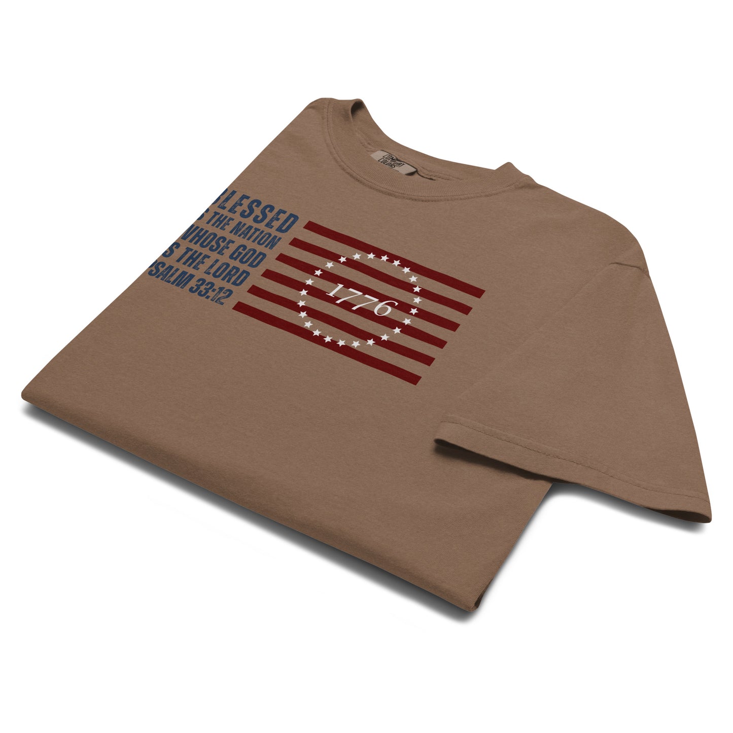 Folded Espresso brown Psalm 33:12 men's Christian Patriotic shirt.