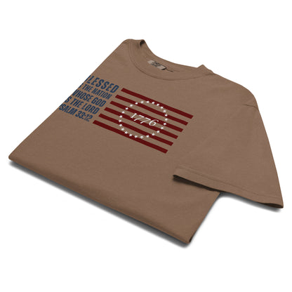 Folded Espresso brown Psalm 33:12 men's Christian Patriotic shirt.