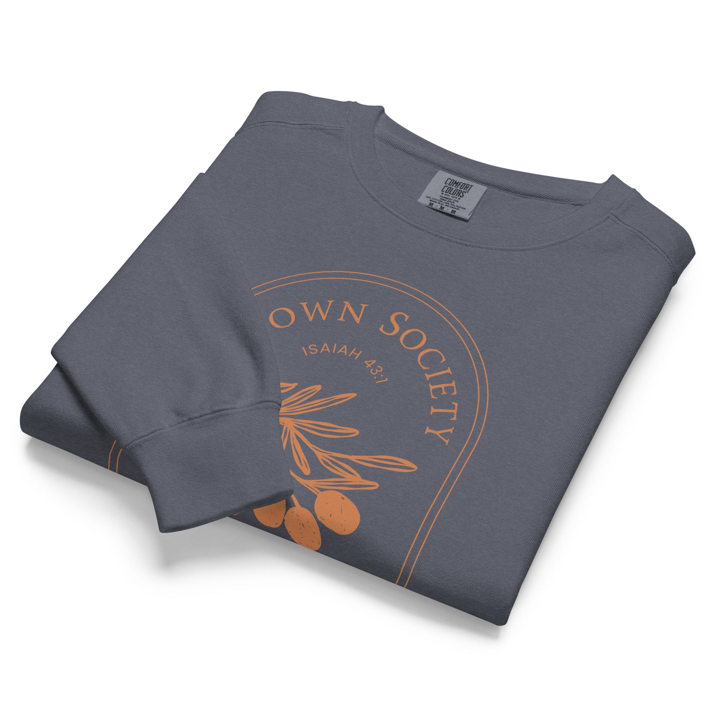 Folded denim blue Known Society Christian sweatshirt with Isaiah 43:1 olive branch graphic