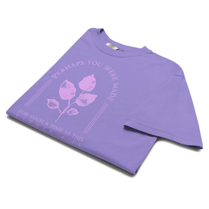 Folded violet Christian graphic tee featuring Esther 4:14 botanical For Such A Time As This design