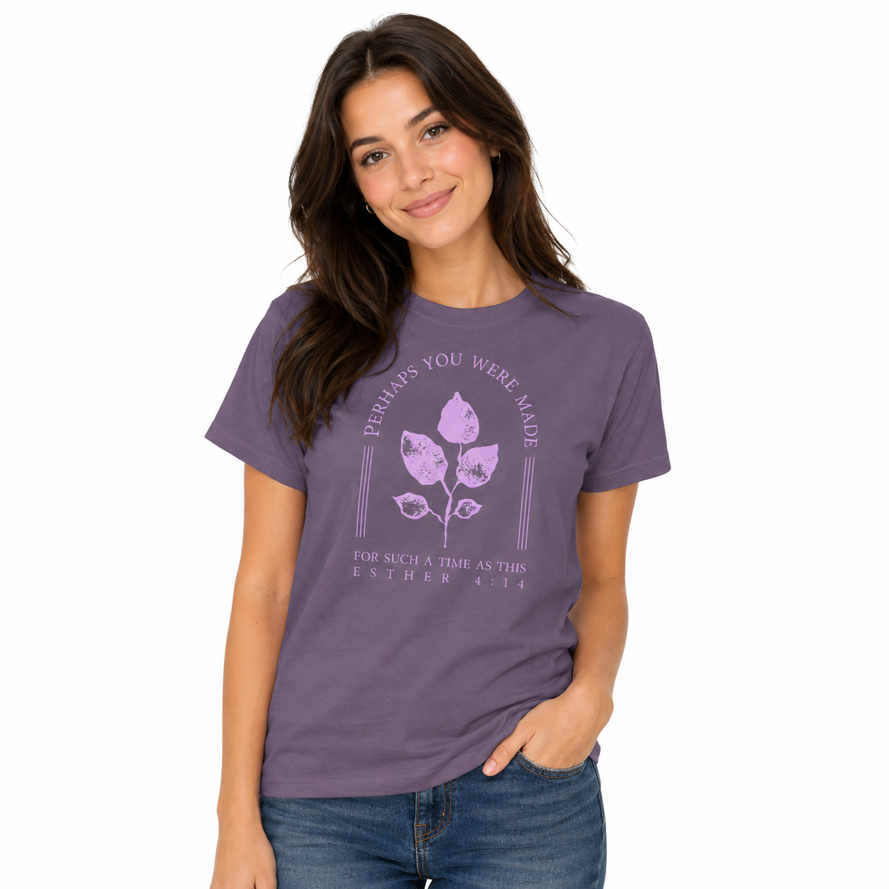 Woman wearing grape For Such A Time As This Esther 4:14 Christian graphic tee by Known Society