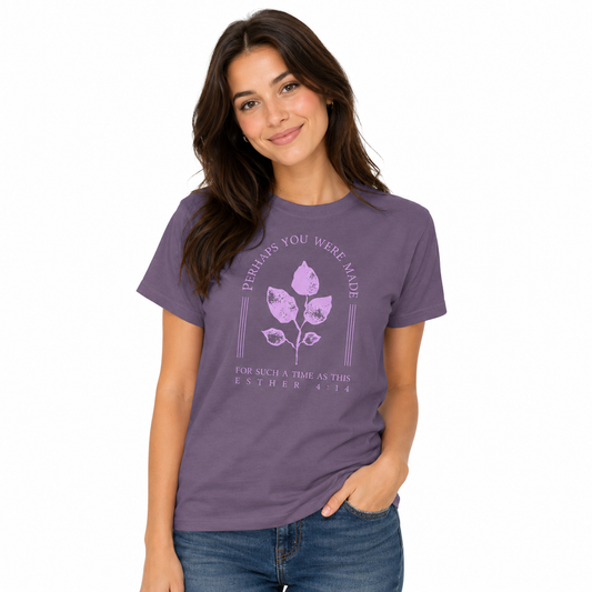 Woman wearing grape For Such A Time As This Esther 4:14 Christian graphic tee by Known Society