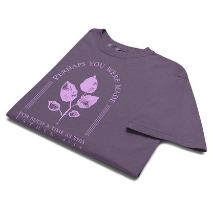 Folded grape Christian graphic tee with Perhaps You Were Made Esther 4:14 botanical design