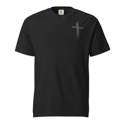 Front of black Red Letter Collection men’s Christian t-shirt with subtle cross graphic