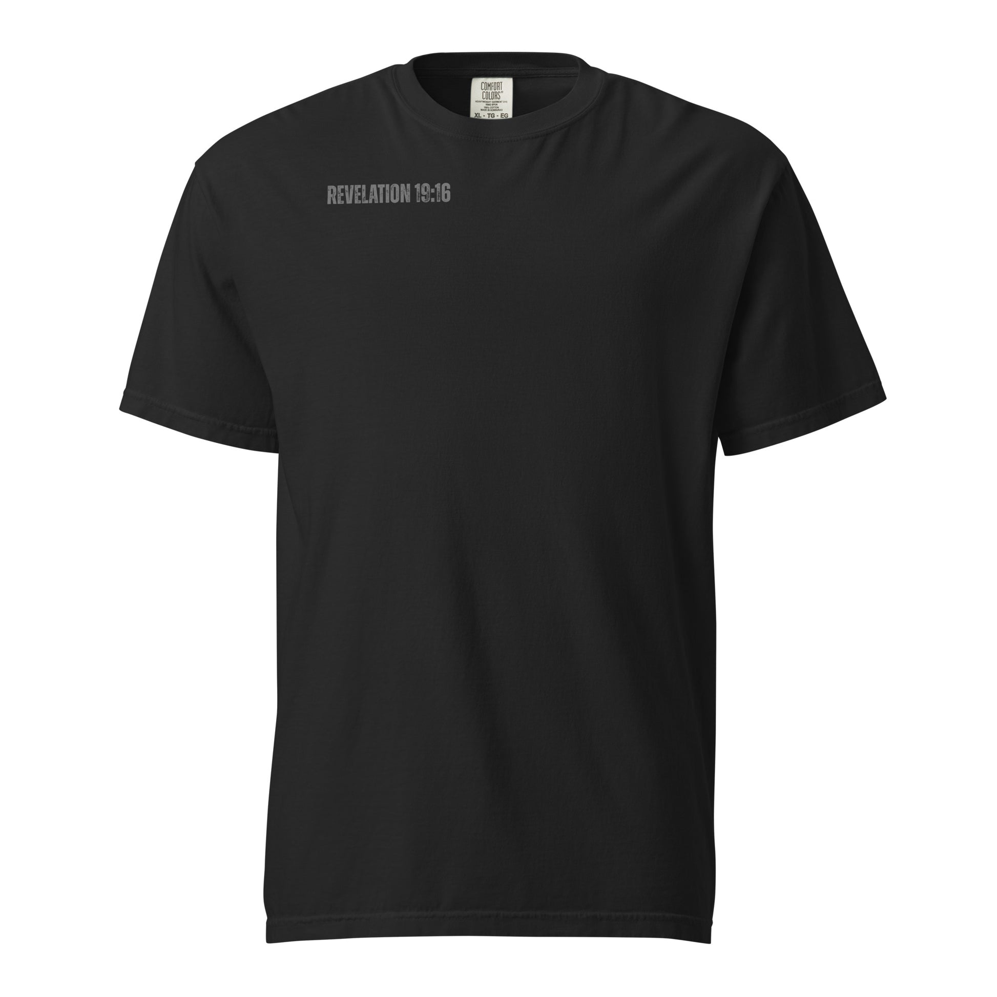 Black men’s Christian t-shirt with Revelation 19:16 printed on the front