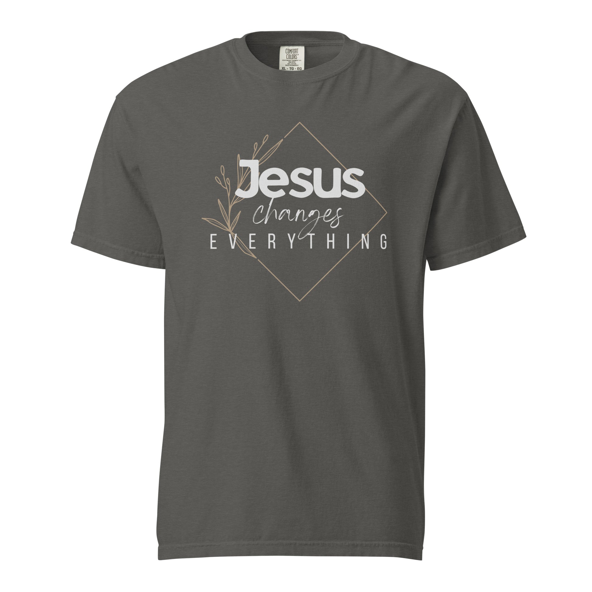 Pepper grey Jesus Changes Everything women’s Christian graphic tee with white lettering
