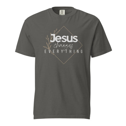 Pepper grey Jesus Changes Everything women’s Christian graphic tee with white lettering
