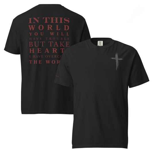 Black John 16:33 men’s Christian t-shirt with front cross design and back Bible verse graphic