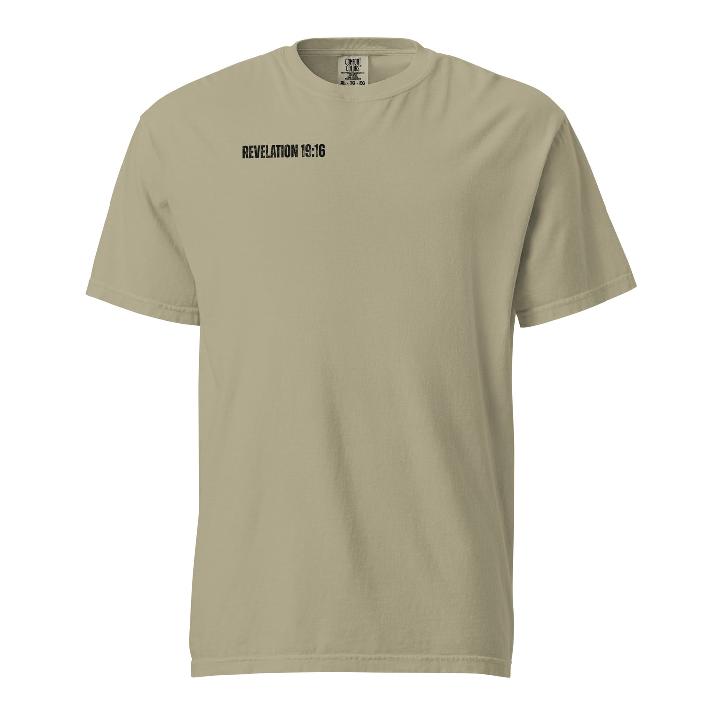Khaki Christ Is King men’s Christian t-shirt with Revelation 19:16 front print