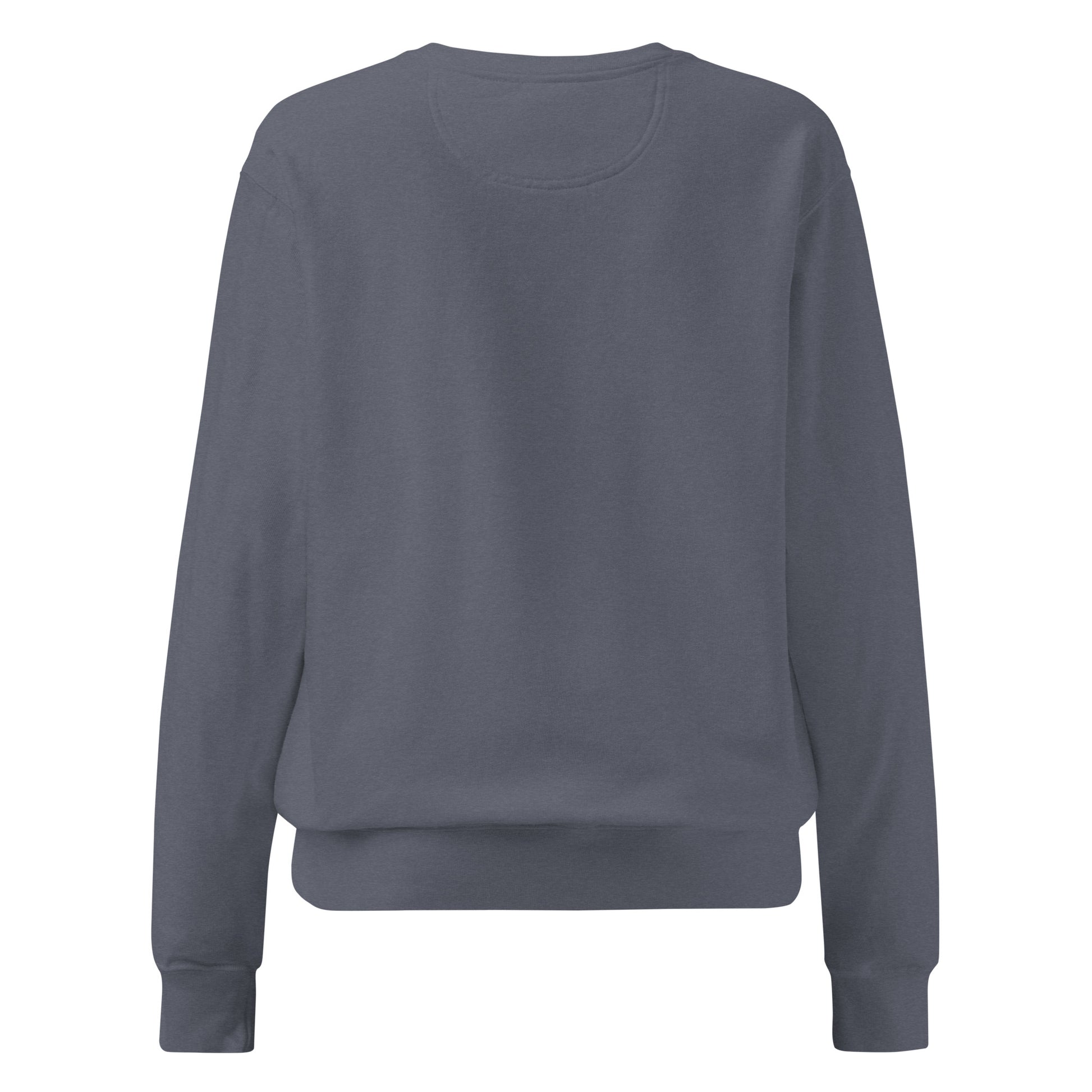 Back view of denim blue garment dyed women’s sweatshirt by Known Society