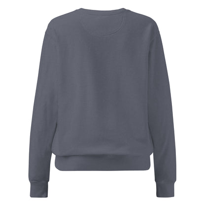 Back view of denim blue garment dyed women’s sweatshirt by Known Society