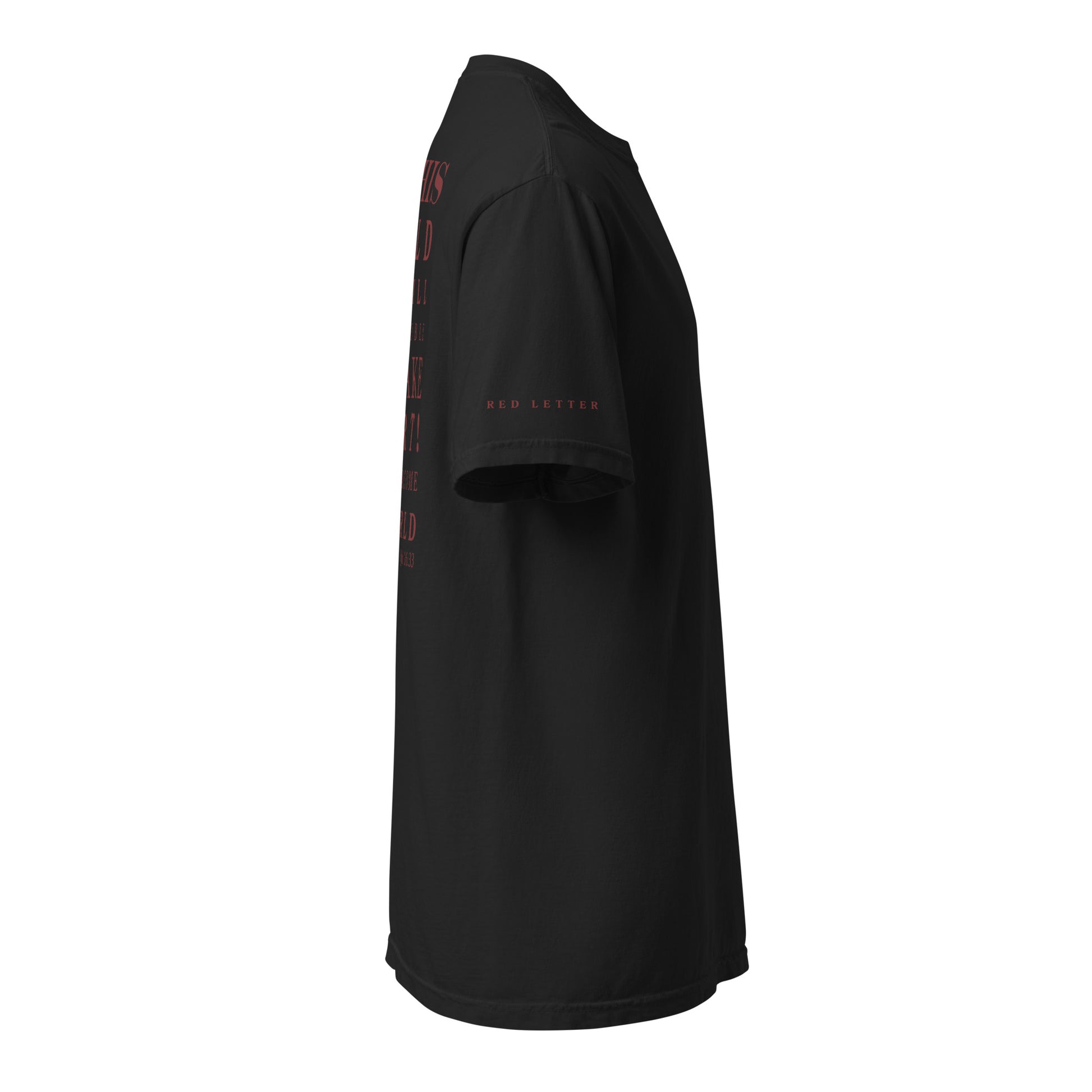 Side view of black John 16:33 men’s t-shirt with Red Letter sleeve detail