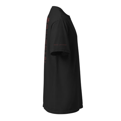 Side view of black John 16:33 men’s t-shirt with Red Letter sleeve detail