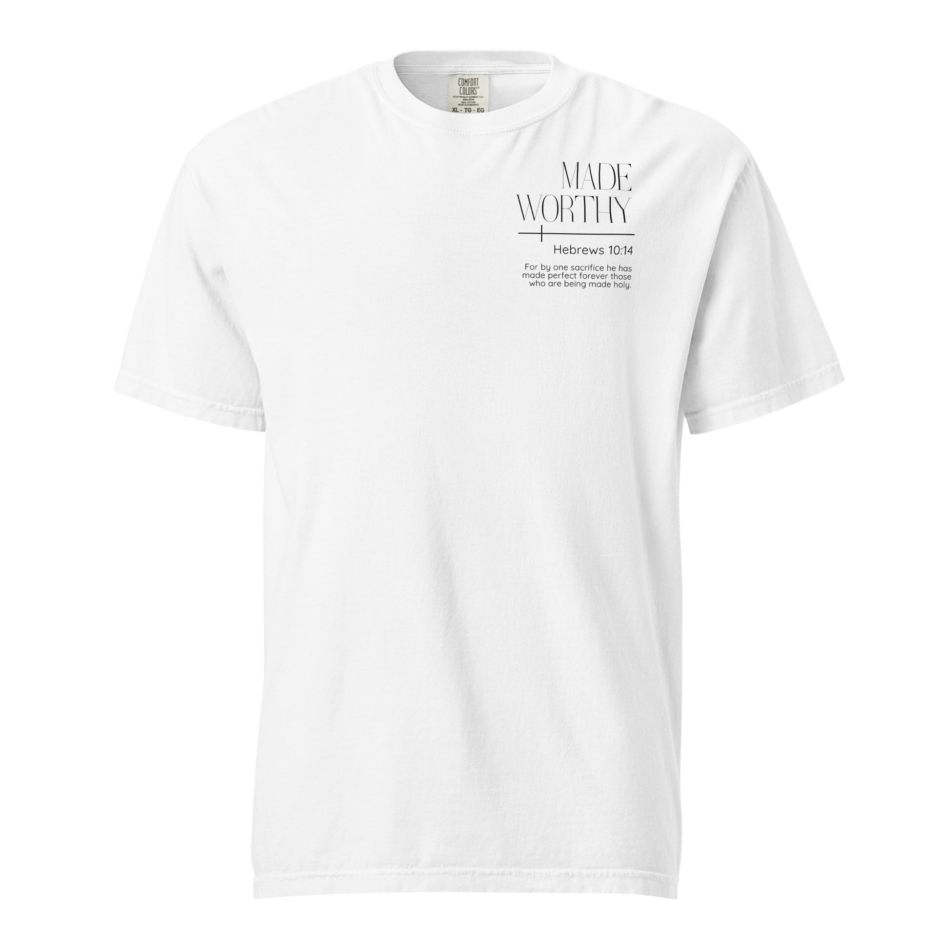 White Made Worthy Hebrews 10:14 women's Christian t-shirt with small left chest Scripture design.