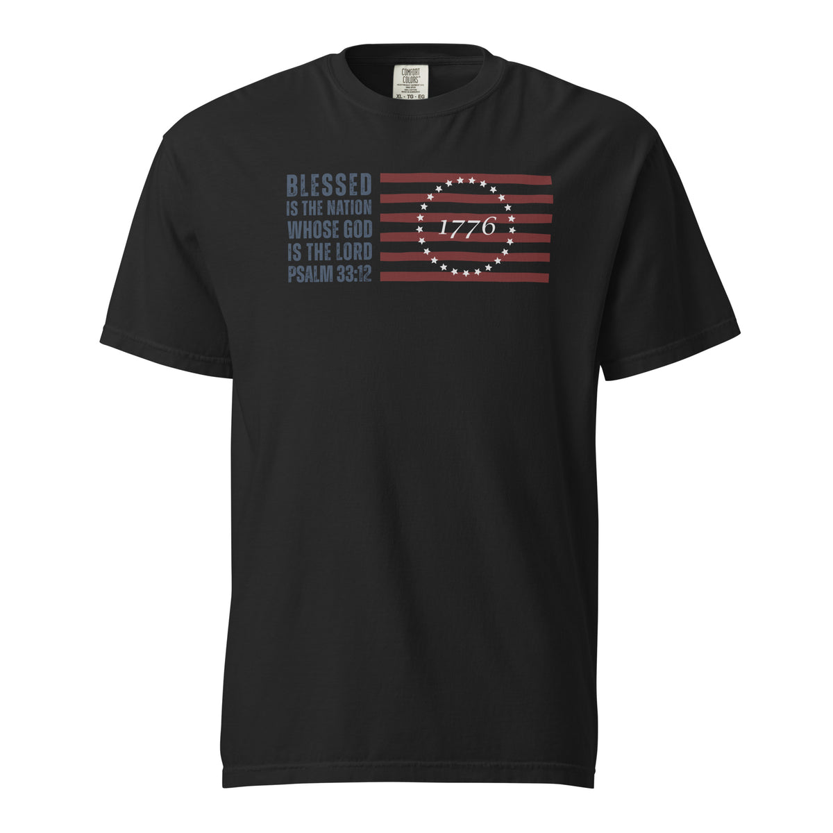 Front of black men’s Christian T-shirt with Blessed Is the Nation, Psalm 33:12, and 1776 flag design.