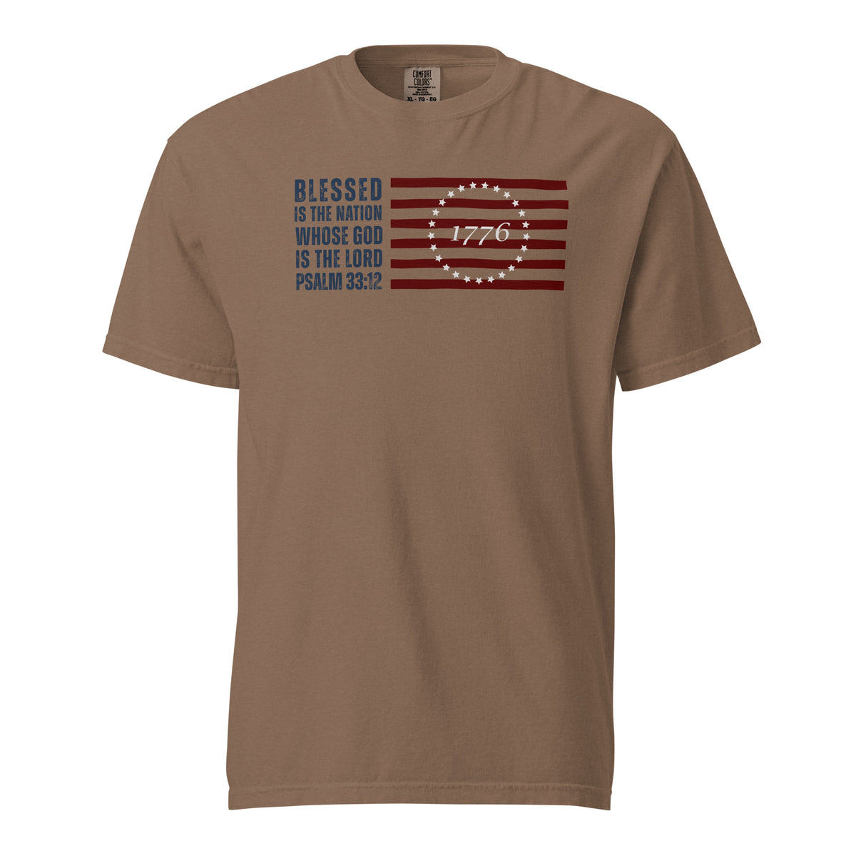 Front of espresso men’s Christian T-shirt with Psalm 33:12, distressed American flag, and 1776 design.