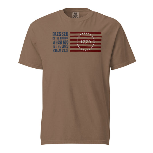 Front of espresso men’s Christian T-shirt with Psalm 33:12, distressed American flag, and 1776 design.