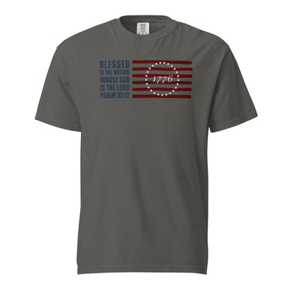 Front of pepper gray men’s Christian T-shirt featuring Psalm 33:12, an American flag, and 1776