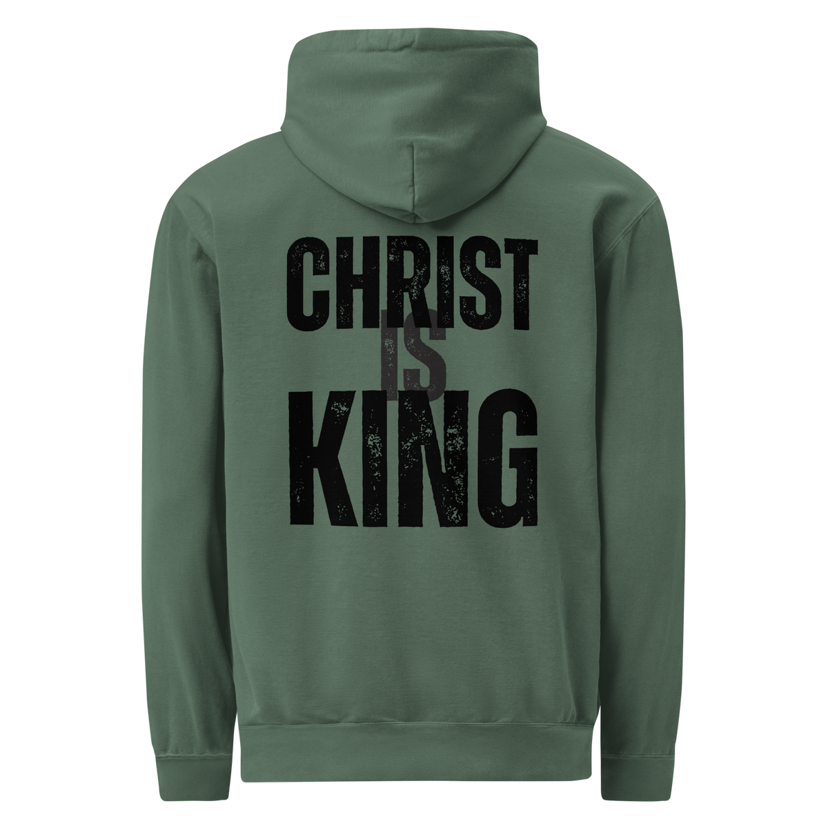 Back view of the Blue Spruce Christ Is King men’s hoodie with a bold distressed black graphic.