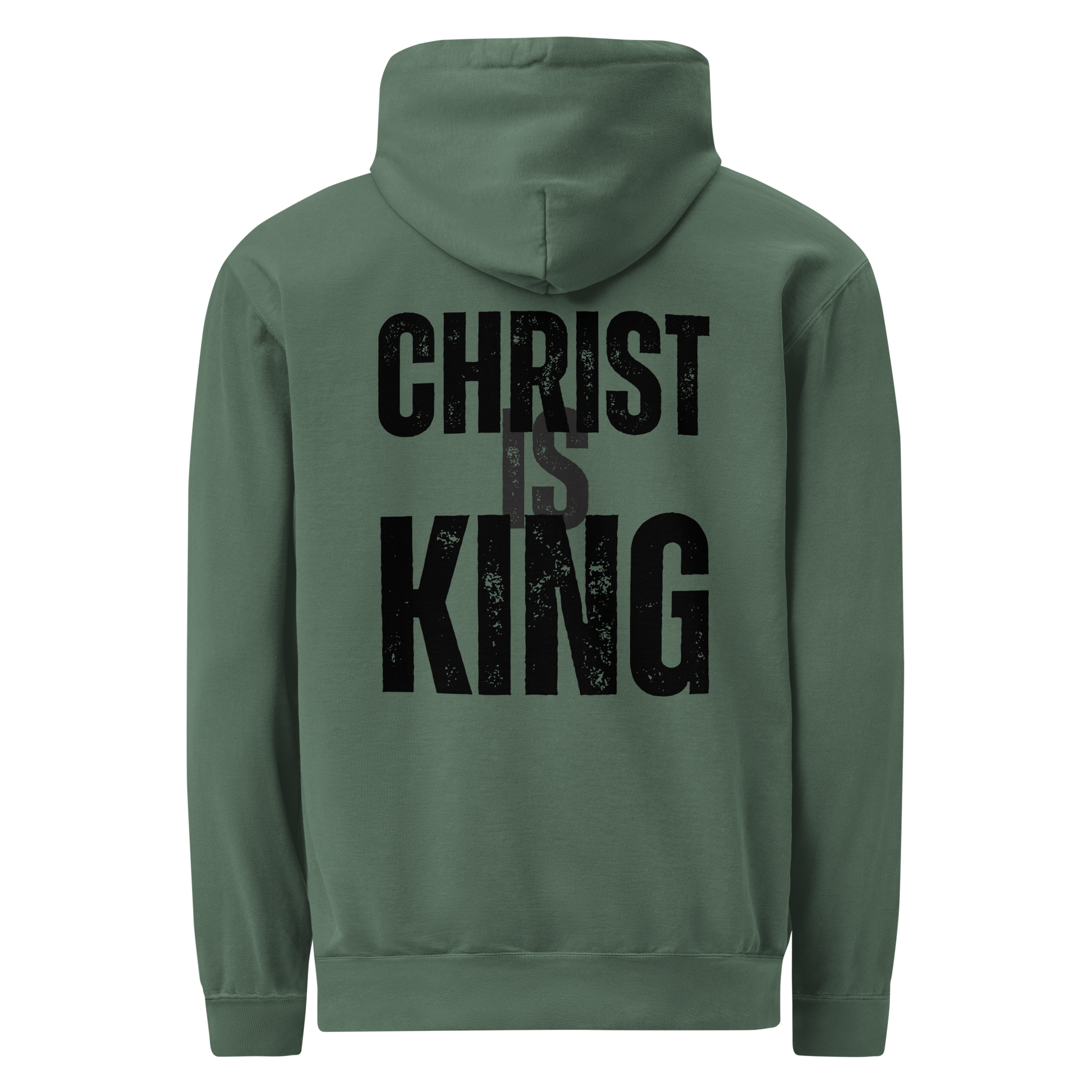 Back view of the Blue Spruce Christ Is King men’s hoodie with a bold distressed black graphic.