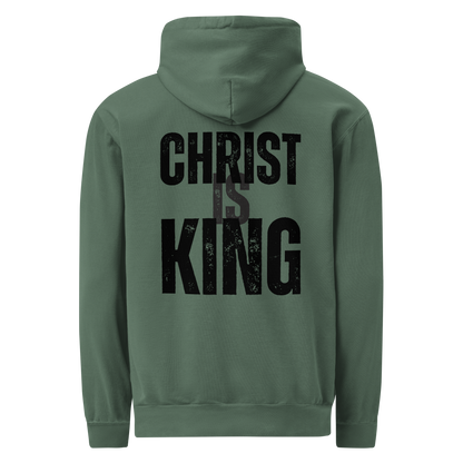 Back view of the Blue Spruce Christ Is King men’s hoodie with a bold distressed black graphic.