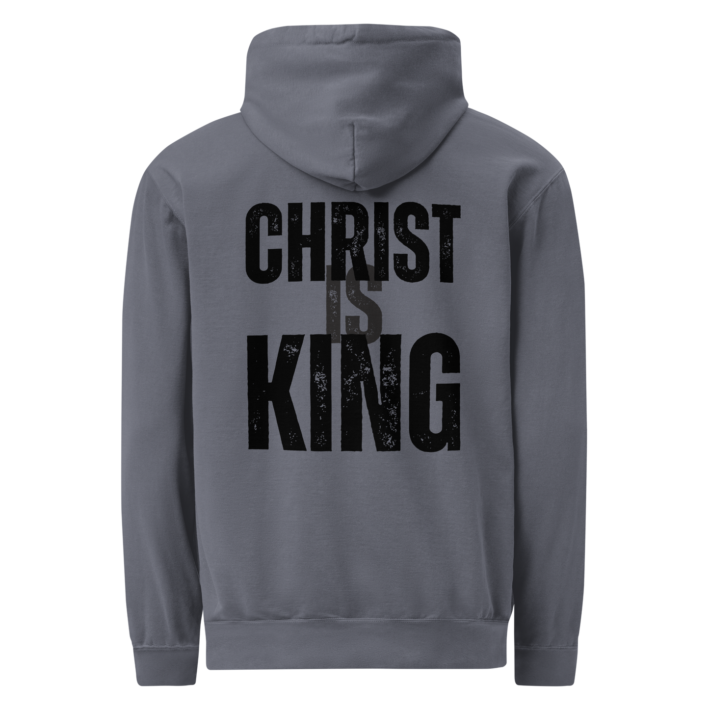 Back view of the denim Christ Is King men’s hoodie featuring a large distressed black Christian graphic.