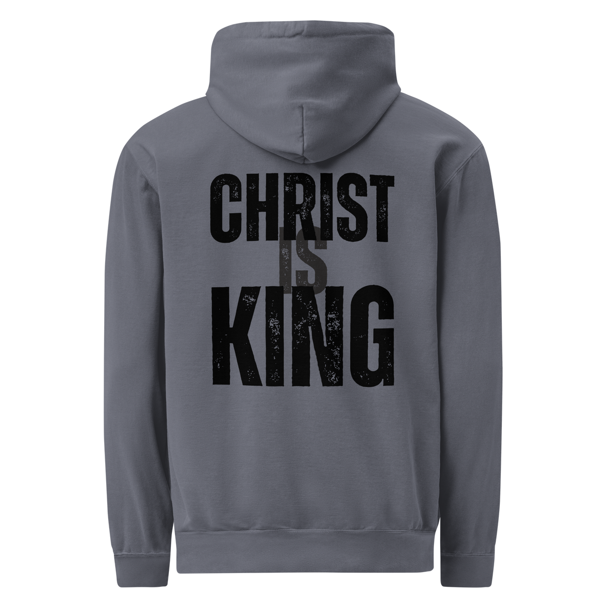 Back view of the denim Christ Is King men’s hoodie featuring a large distressed black Christian graphic.