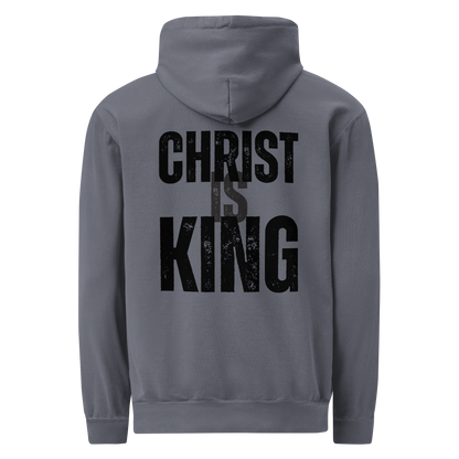 Back view of the denim Christ Is King men’s hoodie featuring a large distressed black Christian graphic.