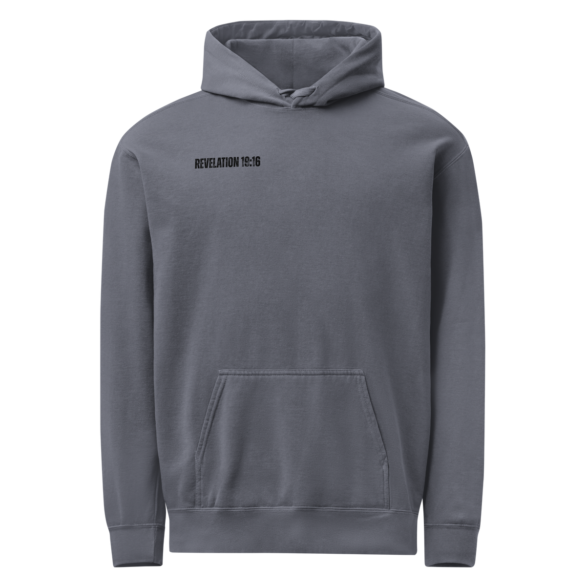 Front view of the denim men’s Christian hoodie with Revelation 19:16 printed on the chest.