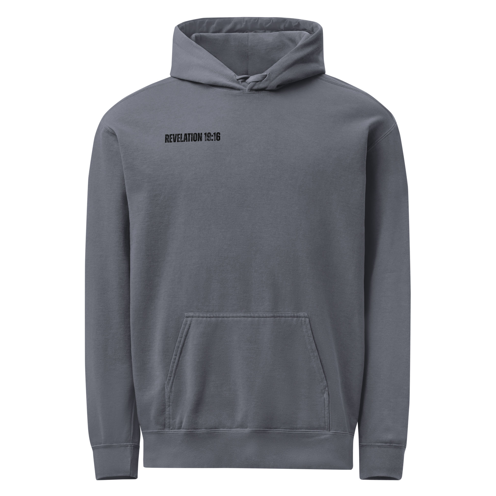 Front view of the denim men’s Christian hoodie with Revelation 19:16 printed on the chest.