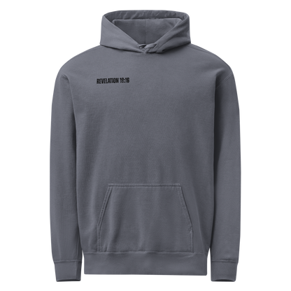 Front view of the denim men’s Christian hoodie with Revelation 19:16 printed on the chest.