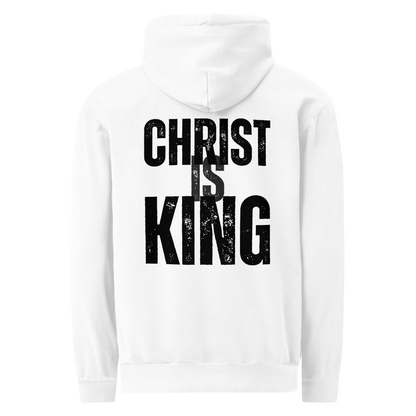 Back view of the white Christ Is King men’s hoodie featuring bold black Christian typography.