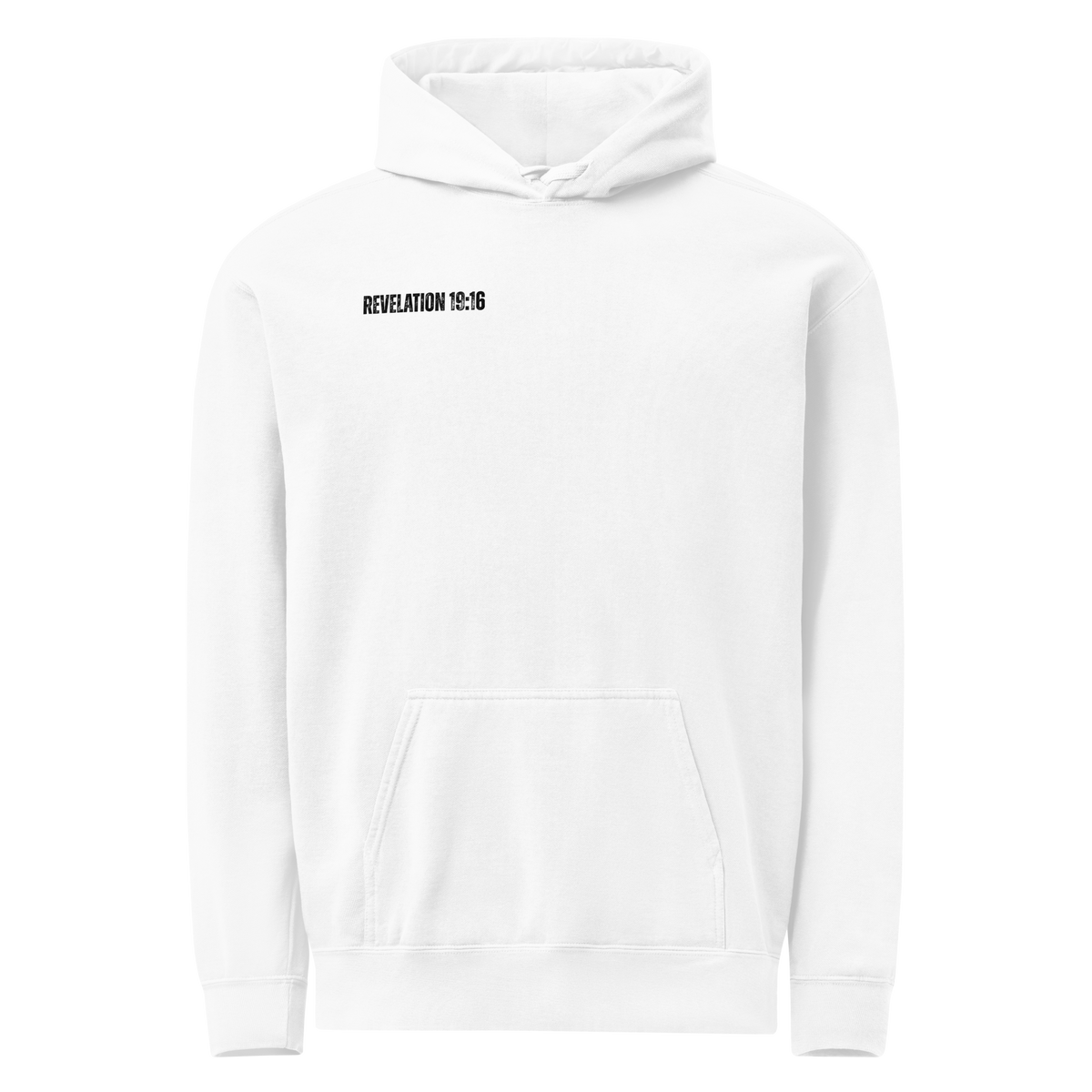 Front view of the white men’s Christian hoodie with a small Revelation 19:16 chest design.