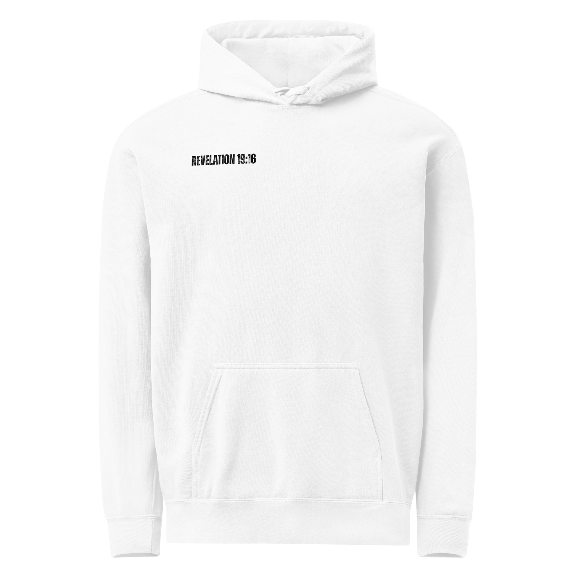 Front view of the white men’s Christian hoodie with a small Revelation 19:16 chest design.