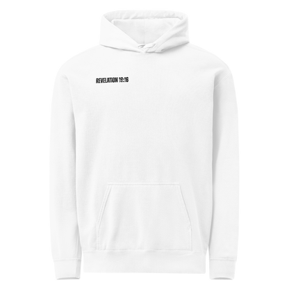 Front view of the white men’s Christian hoodie with a small Revelation 19:16 chest design.