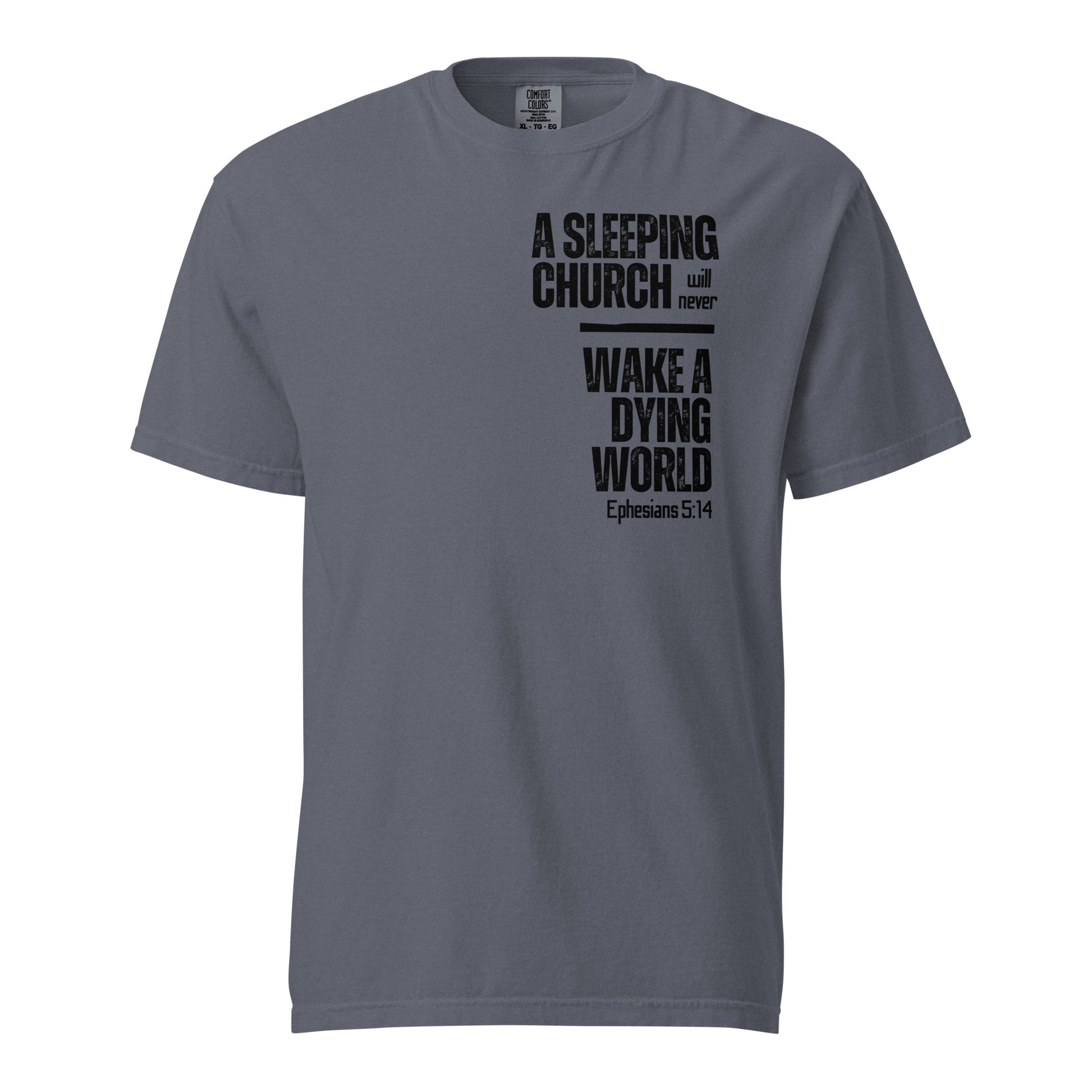 Front view of denim blue men’s Christian T-shirt with an Ephesians 5:14 faith-inspired typography design.