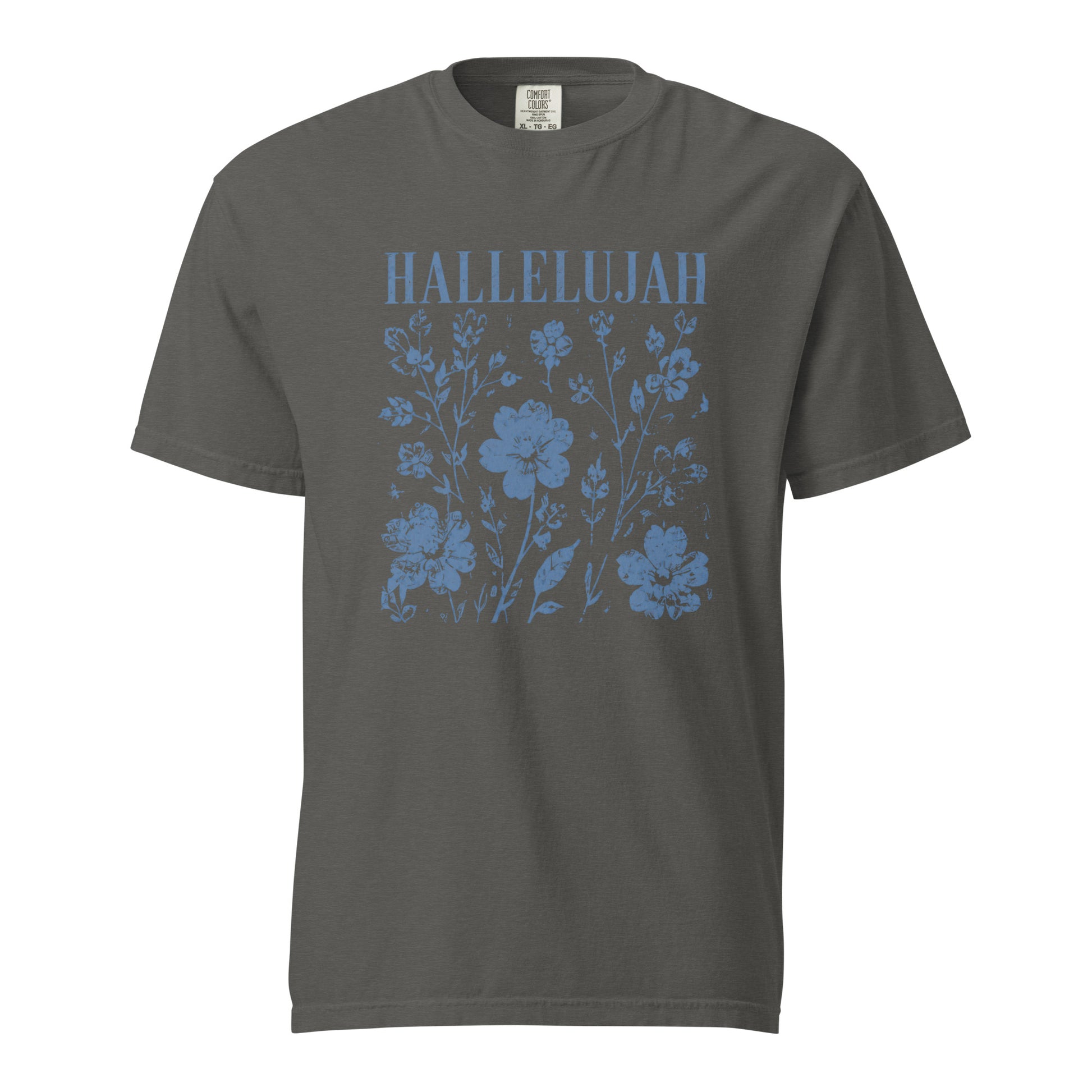Pepper women’s Christian T-shirt with blue Hallelujah lettering and distressed wildflower graphic