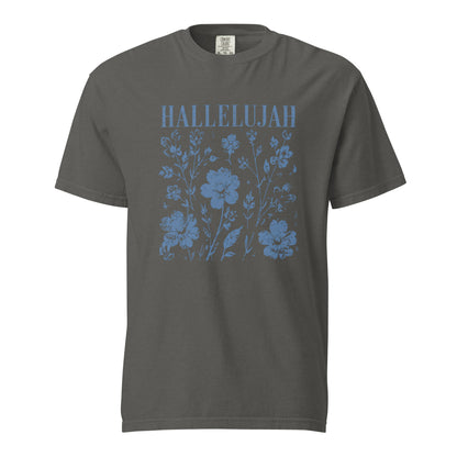 Pepper women’s Christian T-shirt with blue Hallelujah lettering and distressed wildflower graphic