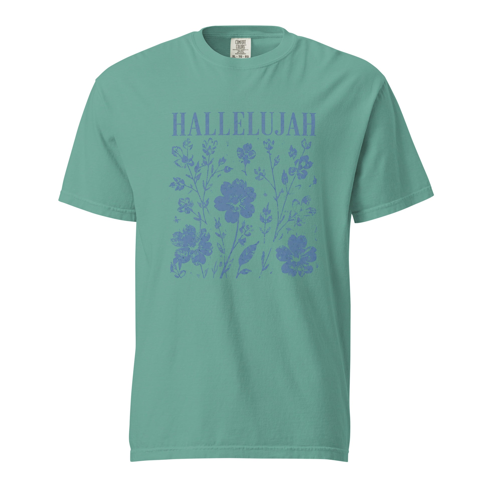 Seafoam women’s Christian T-shirt featuring blue Hallelujah text and a floral faith graphic