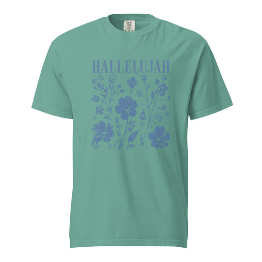 Seafoam women’s Christian T-shirt featuring blue Hallelujah text and a floral faith graphic